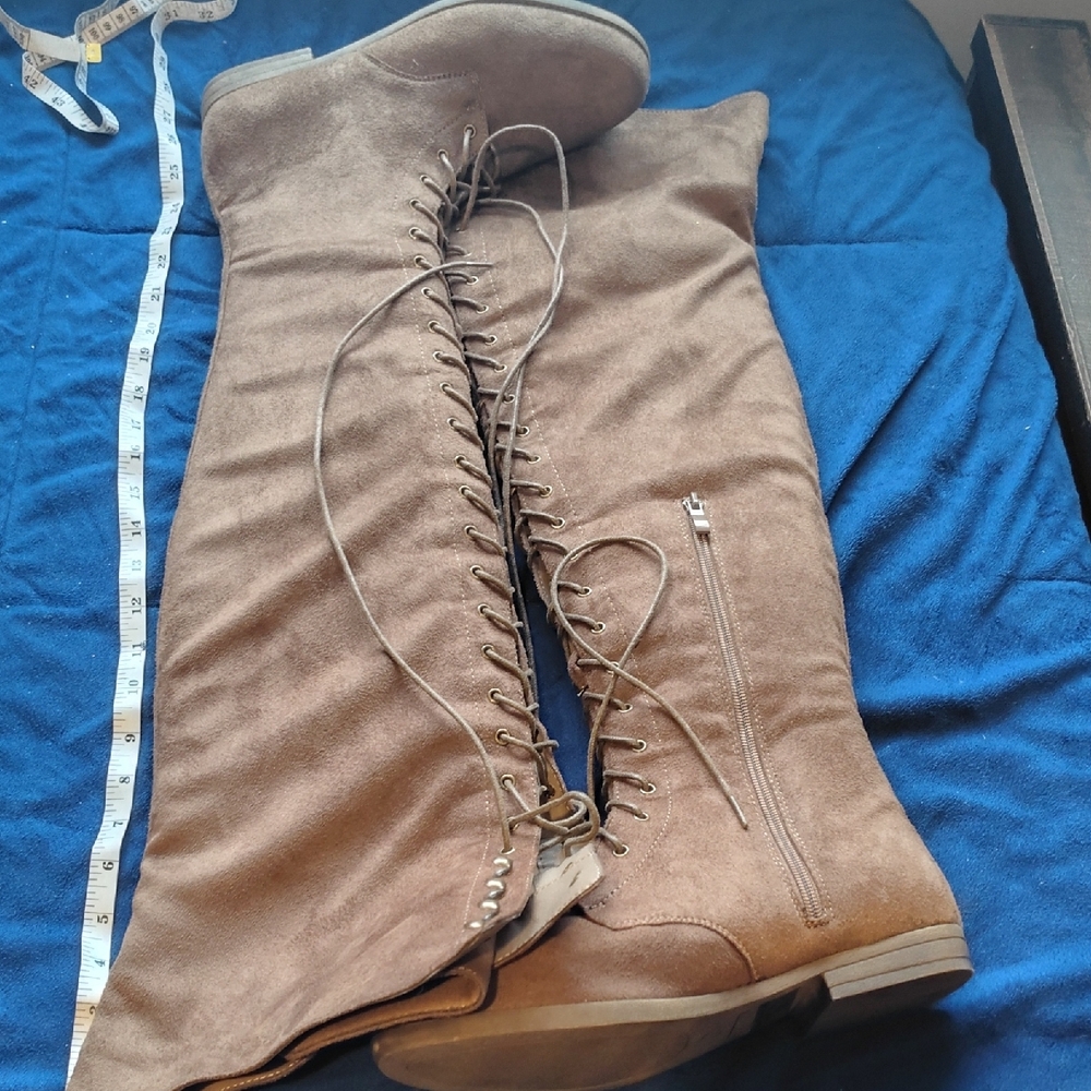 Women’s Tall Lace-Up Suede Boots - Tan Or Taupe Brown Color - Picture 2 of 9